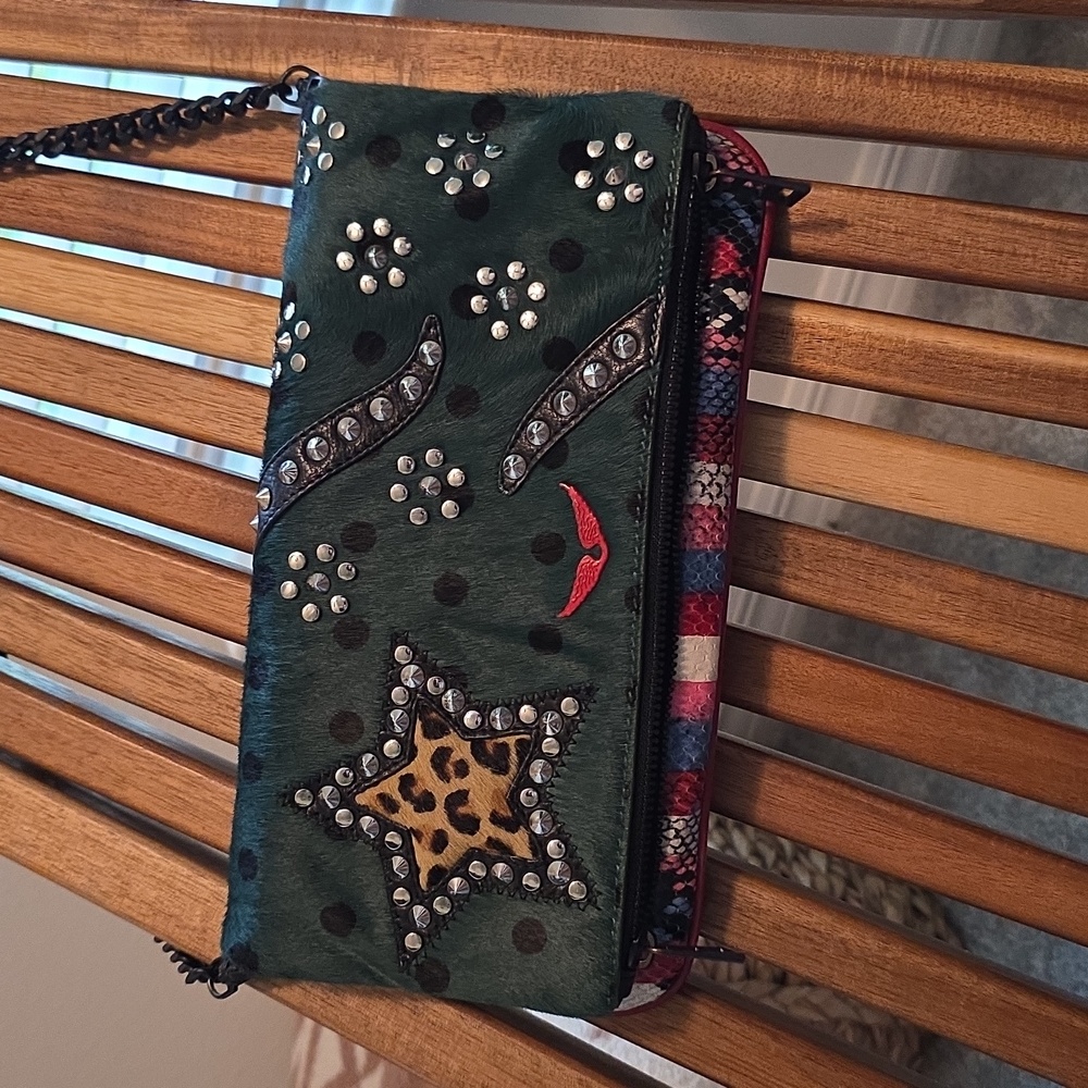 Zadig & Voltaire Green and Black Clutch with Star Design